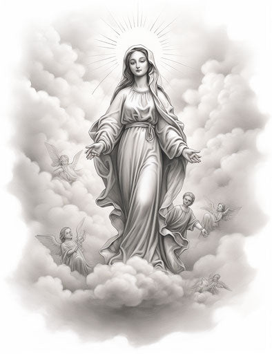 Mary on clouds with clouds tattoo design, light gray and silvery style