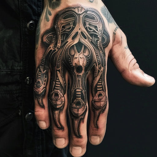 Men's Finger Tattoos with Guy Aitchison-style intricate biomechanical designs