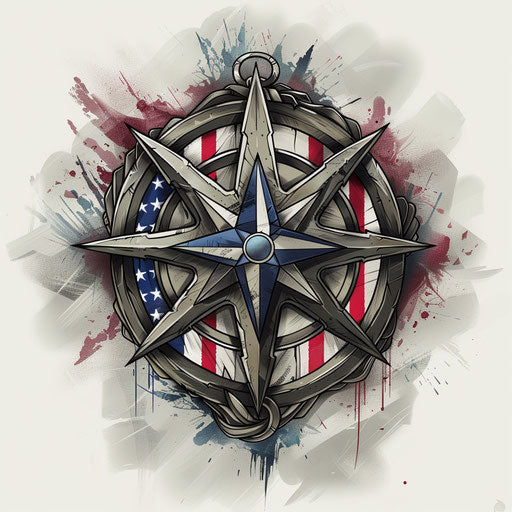 Sketch of a patriotic tattoo of a Viking compass with a flag motif and national colors