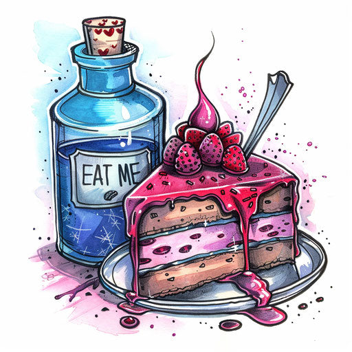 Alice's potion bottle and cake with 'Eat Me' tag