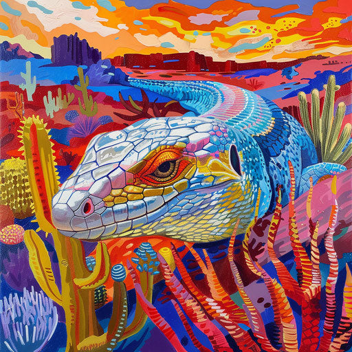 Blue tongue skink in a vibrant desert with intense colors