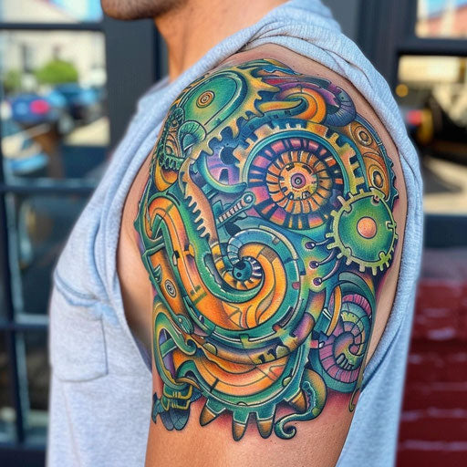 Abstract and colorful biomechanical shoulder tattoo for men