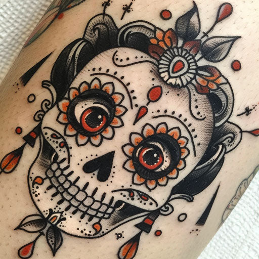 Whimsical flat tattoo sketch of a cartoonish Calavera with playful, exaggerated features