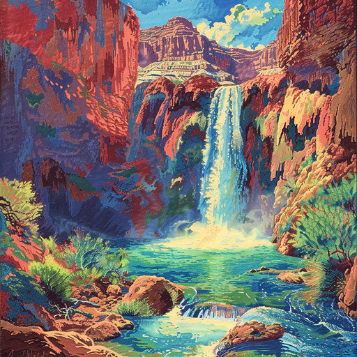 Havasu Falls with stylized rock formations and vibrant hues