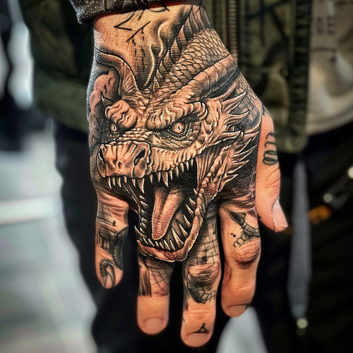 Men's hand tattoo depicting a fierce dragon, Peter Jackson style