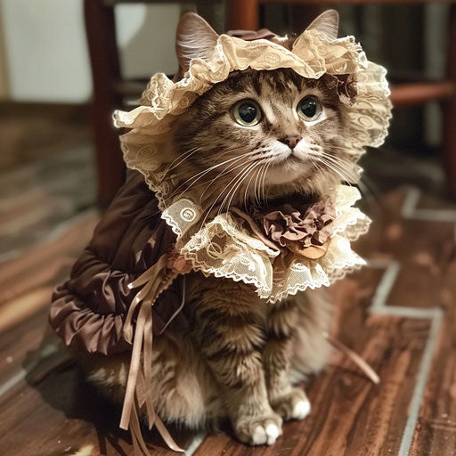 Brown cat dressed as a woman