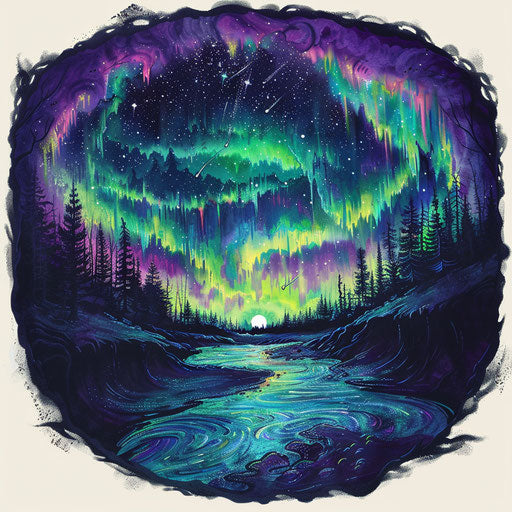 Mystical tattoo sketch of an aurora borealis scene with ethereal green and purple lights, clipart style