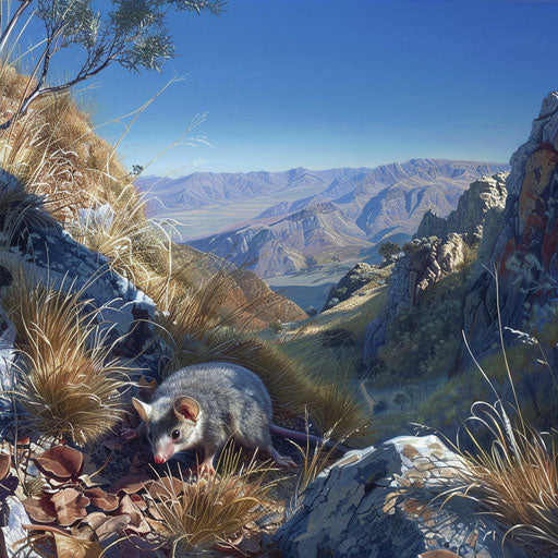 A small mountain marsupial making its way through rugged mountain terrain with a clear blue sky