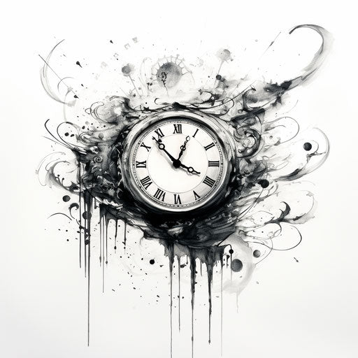 Clock on white background, tattoo-inspired, captivating
