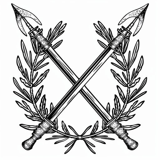 Duo of Spartan spears crossed with an olive wreath