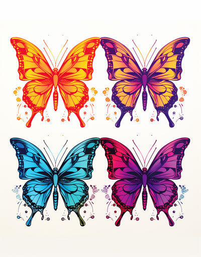 Four colorful butterflies with festive tattoos, realistic style