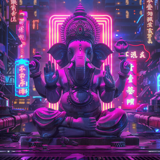 Futuristic clipart of Ganpati in a cyberpunk setting