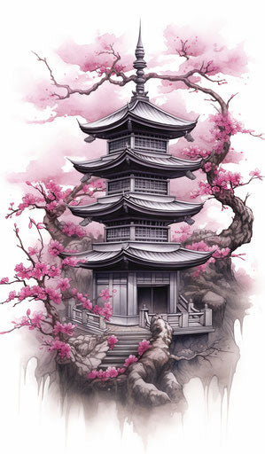 Japanese pagoda and blossoms, tattoo inspired, grisaille silver and light magenta, mist