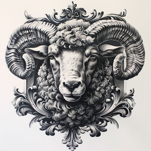 Elaborate black sheep tattoo sketch inspired by Baroque era