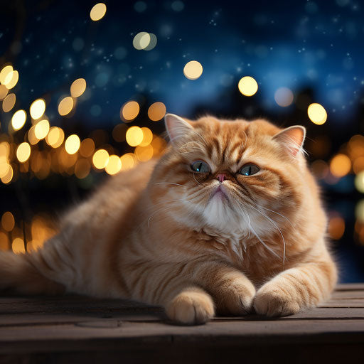Exotic shorthair cat lying outside at night