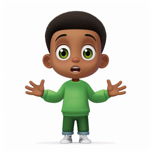 Confused African American boy in green shirt, classic Disney style