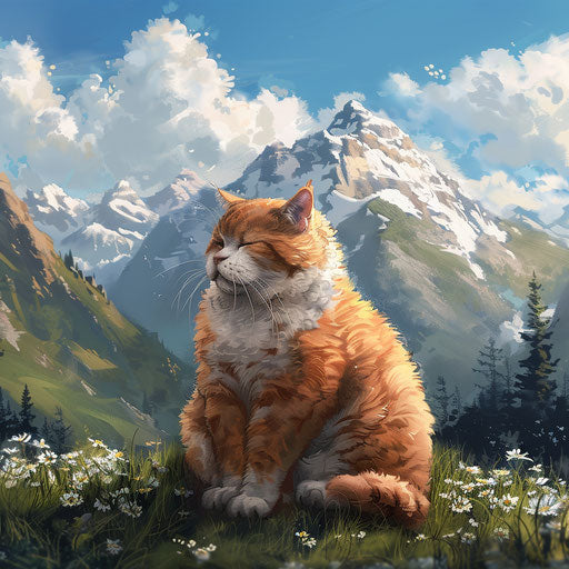 Chubby cat in front of mountain