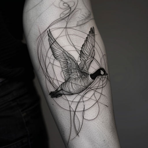 Dynamic tattoo sketch of a goose in mid-flight