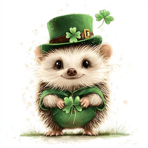 St. Patrick's Day, a cute hedgehog dressed in green with a clover and a leprechaun hat