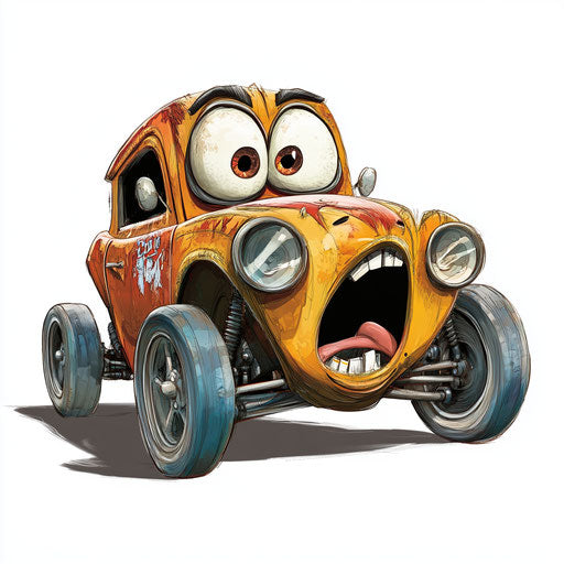 Humorous caricature of a race car with human characteristics