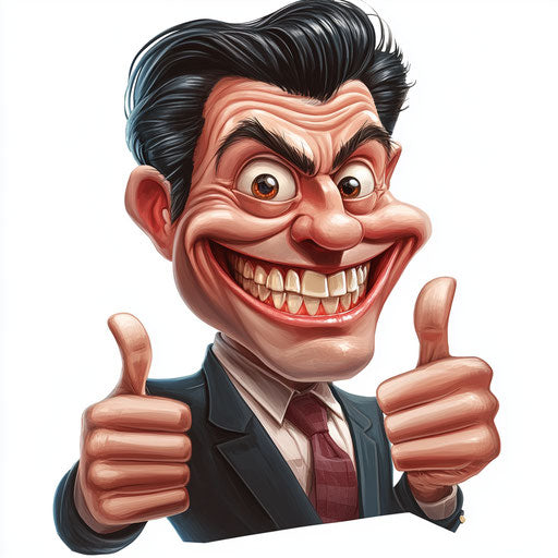 Humorous caricature of a law caricature clipart with human characteristics, exaggerated big teeth, with fingers hands, shiny finish, vibrant colors, cartoon style, thumbs up, high-resolution, no background, isolated -c 40