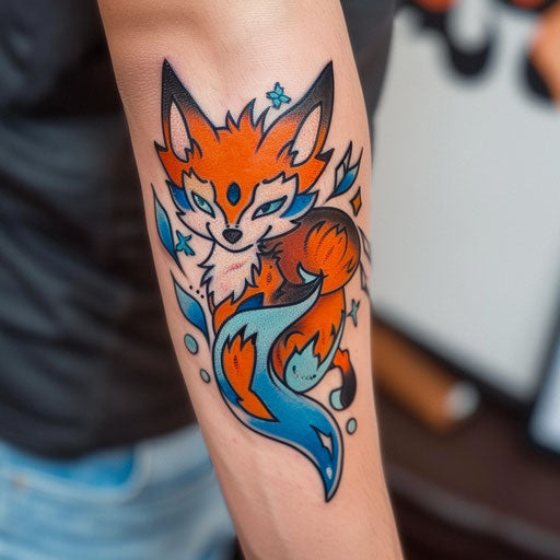 Cheerful tattooed sketch of a playful kitsune
