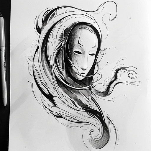 Flat tattoo sketch of No-Face with elegant, flowing lines