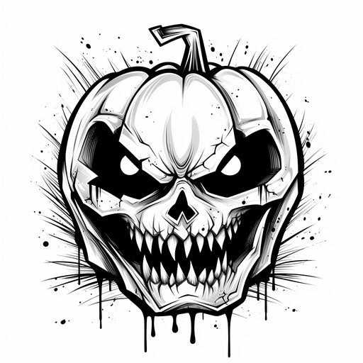 Black and white pumpkin drawing, comic book style, rtx on, grimcore