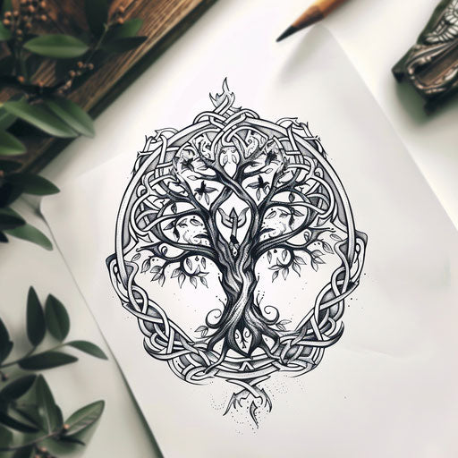 Intricate Celtic tree of life tattoo strength longevity white