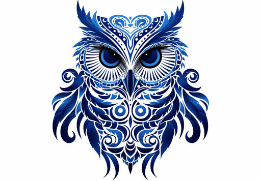 Indian ornate owl on white background, dark indigo and light black style