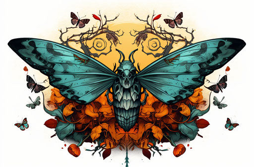 Decorative tattoo image of an ancient skull moth in turquoise and amber style, colorful birds, hand-coloring, gothic, figurative symbolism, heavy outlines