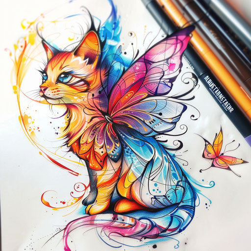 A cat with butterfly wings, colorful and detailed