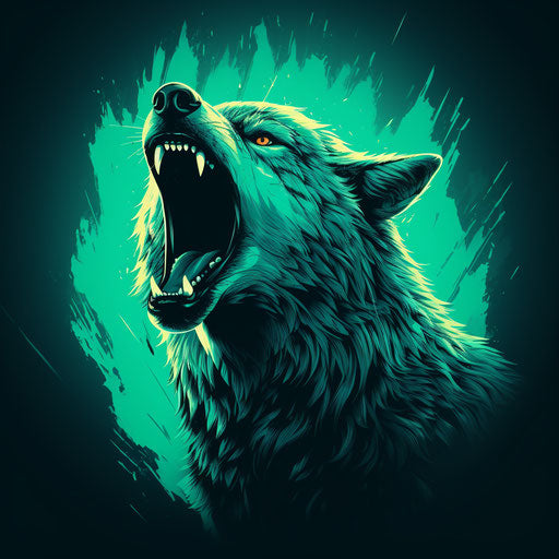 Howling wolf in dark, green light, dark cyan style