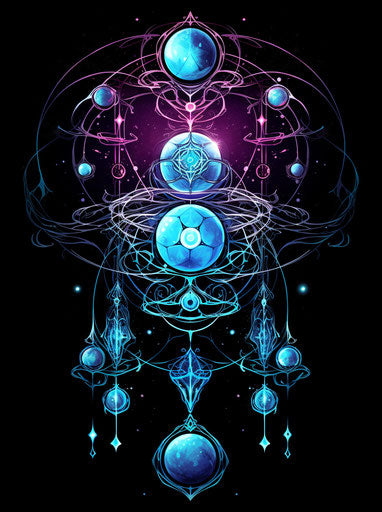 Blue atoms tattoo design, magenta and aquamarine style