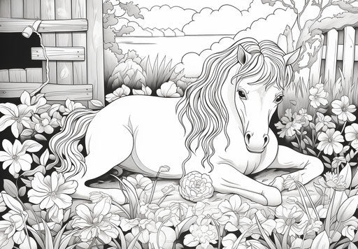 A horse laying down next to his coloring pages in pictorial space style