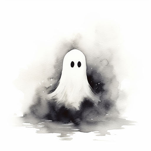 A cartoon ghost, grainy, hallyu style, animated gif, ink-washed, single object, realistic yet ethereal, barbizon school