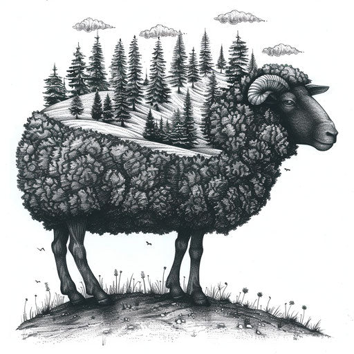 Realistic drawing of a black sheep with detailed landscape in tattoo concept on white
