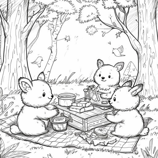 Adorable animals picnic in Mamoru Hosoda coloring book style