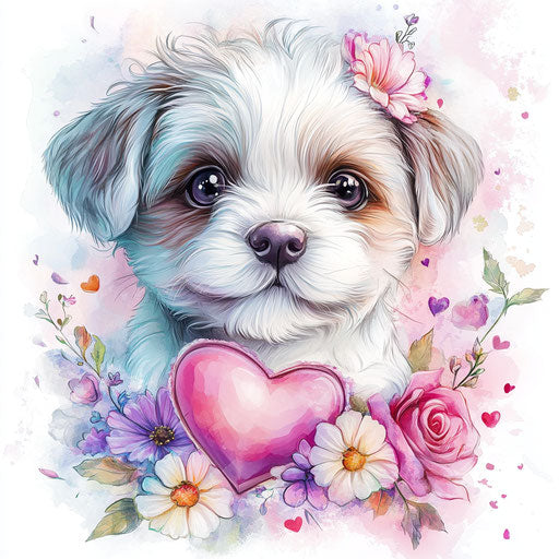 Adorable Valentine's Day clipart, puppy with heart and flowers