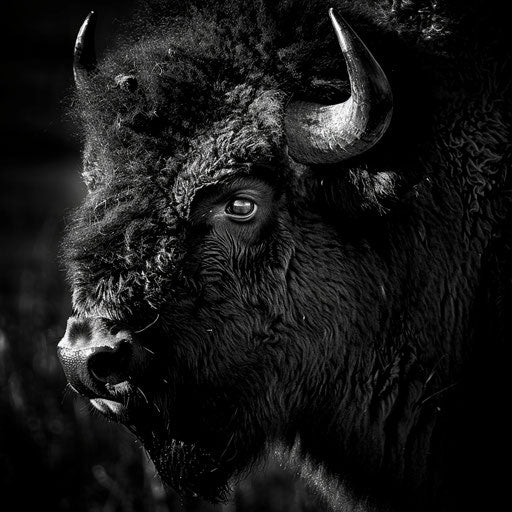 Buffalo in a black and white photograph with dramatic shadows