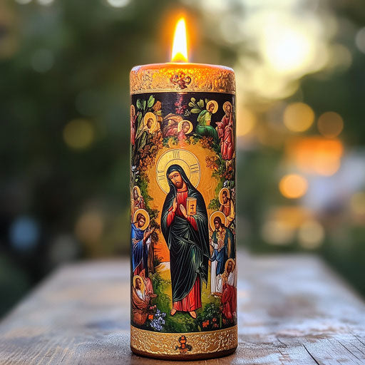 Hand-painted candle illuminating icons of saints