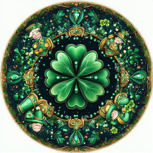 Four-leaf clover with shamrocks and green jewels