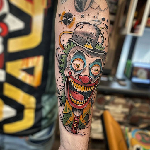 Men's forearm tattoo with a satirical theme