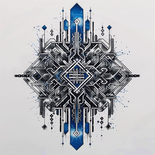 Futuristic flat tattoo sketch of a rune integrated into a circuit board design in metallic silver and blue
