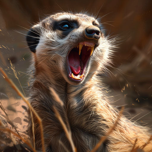 Meerkat mid-yawn, detailed close-up of teeth and expression, natural habitat background