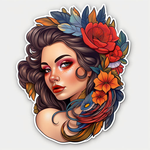 Beautiful woman with flower in hair and feathers, feminine sticker art