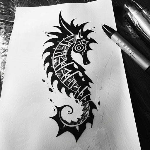 Bold black tribal style seahorse tattoo sketch