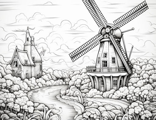 The Dutch windmill in a coloring sheet, algorithmic artistic style