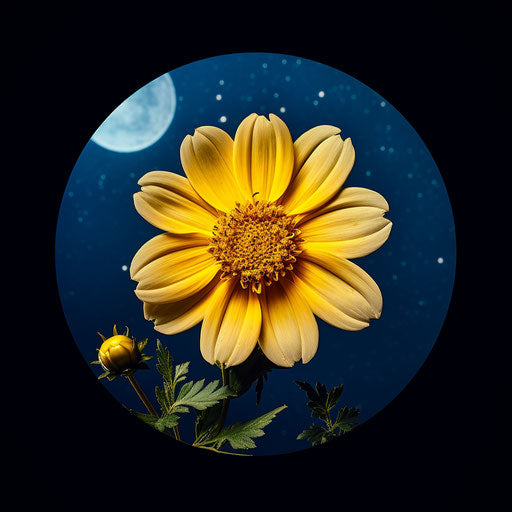 Attractive yellow flower in the circle, dark and sky-blue