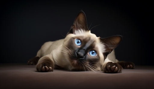 Siamese cat laying on its side, expressive body language